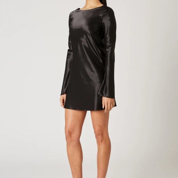 NIA KIM Black Satin Open-Back Mini Dress NWT XS — Bateau Neck, Cowl Back, Lined - Picture 2 of 6